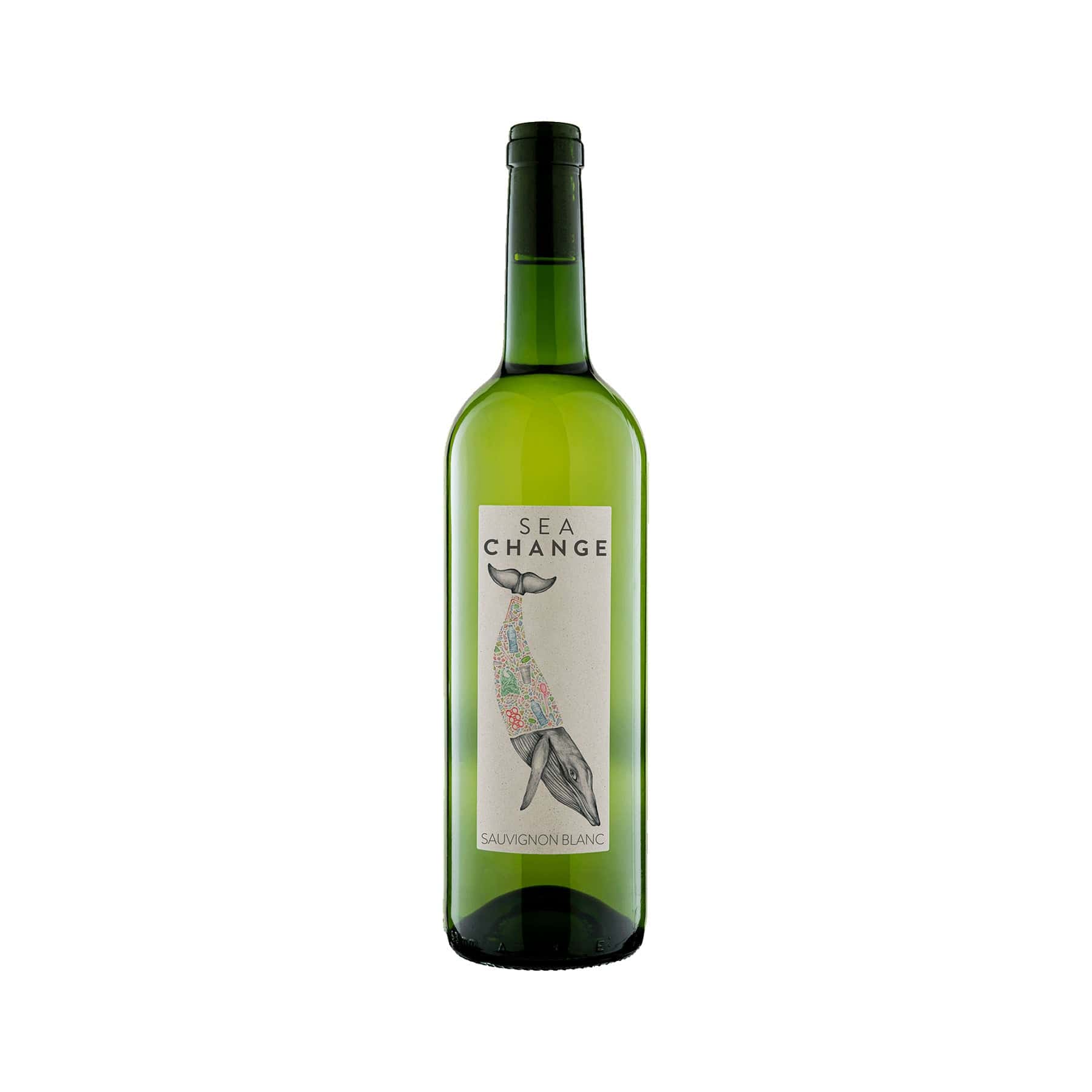 Green bottle of Sea Change Sauvignon Blanc wine with whale label on white background