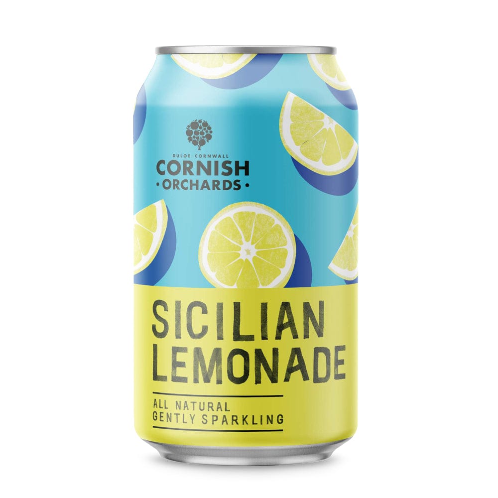 Cornish Orchards Sicilian Lemonade can with lemon slices, gently sparkling all-natural beverage, blue and yellow packaging design