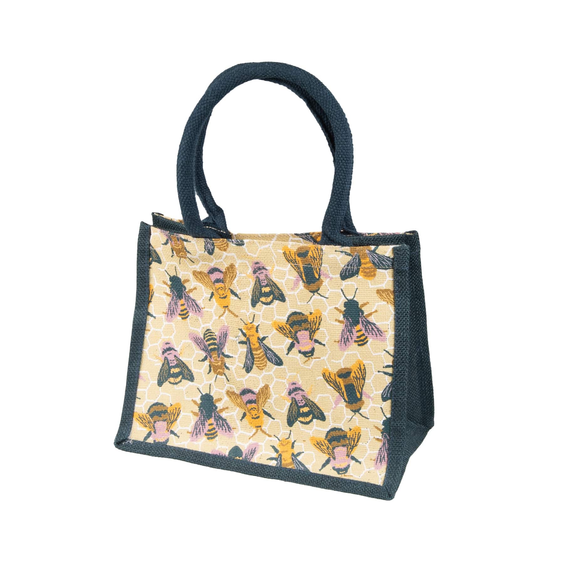 Designer tote bag with bee and honeycomb pattern, navy blue handles, fashionable summer accessory, isolated on white background.