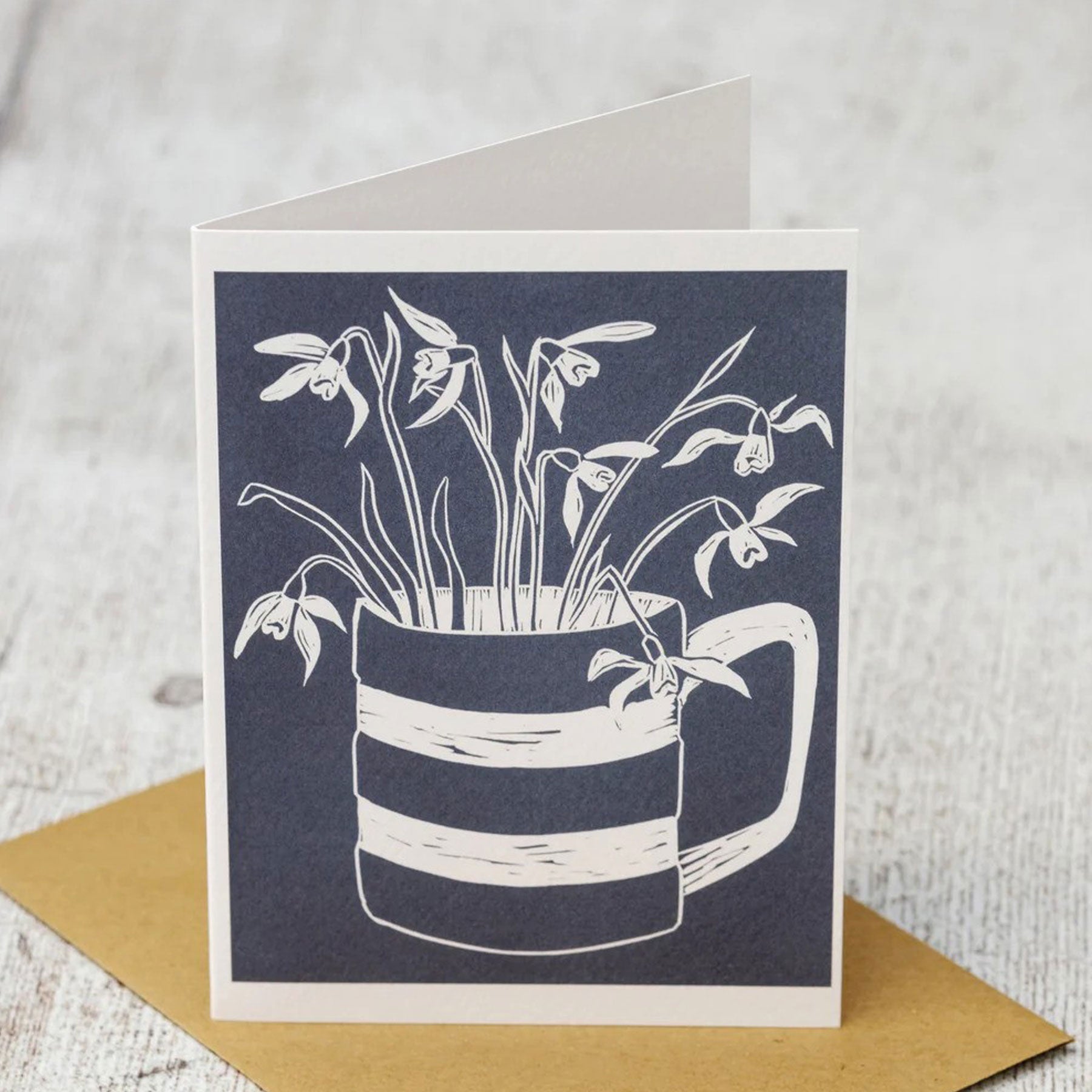 Snowdrops in Cornishware greetings card