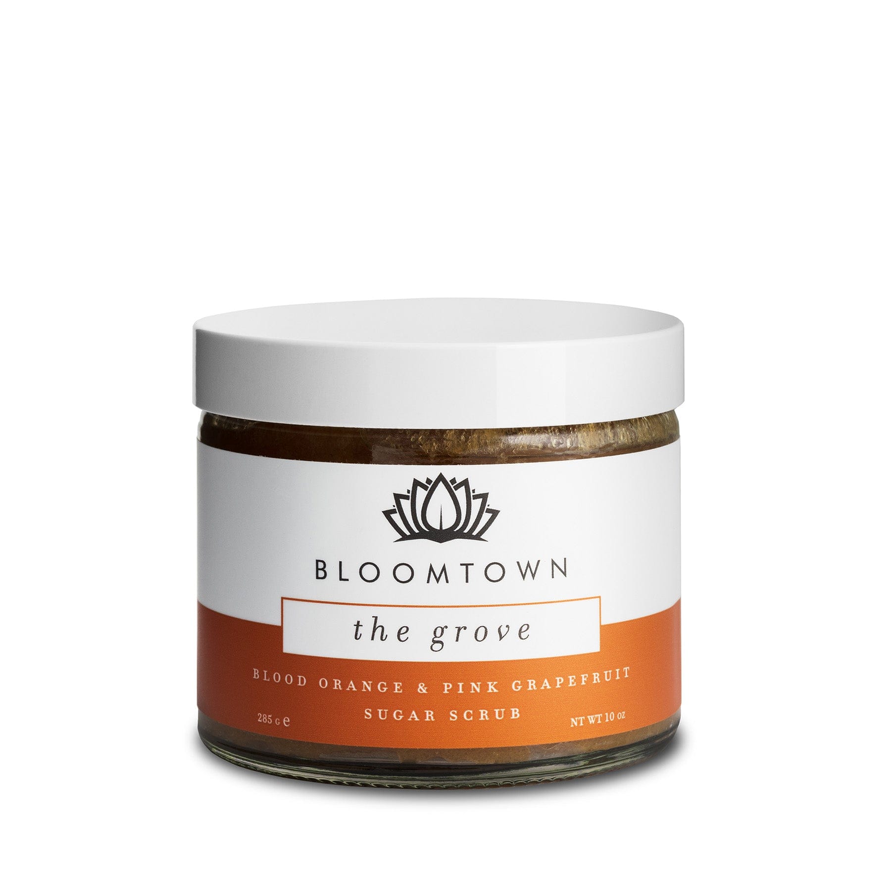 Bloomtown The Grove sugar scrub jar with blood orange and pink grapefruit on white background