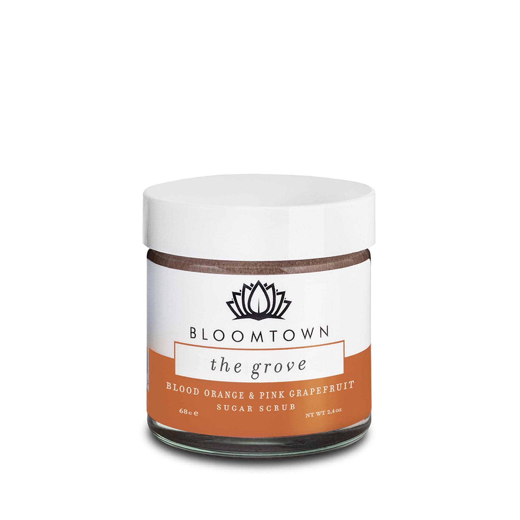 Bloomtown The Grove Blood Orange & Pink Grapefruit Sugar Scrub in white jar with brown and orange label on isolated background.