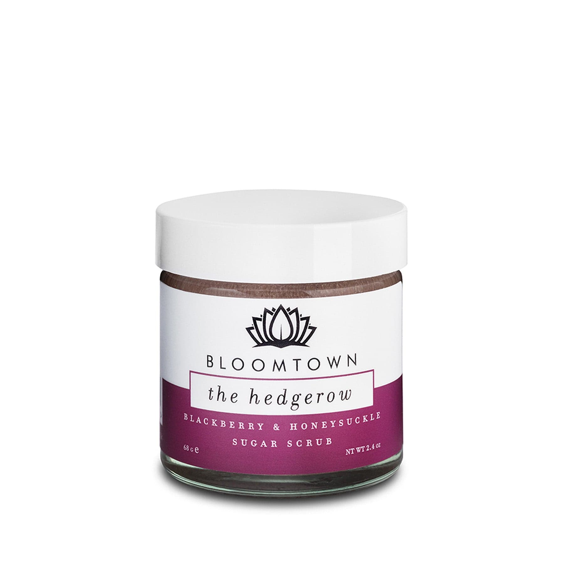 Bloomtown The Hedgerow Blackberry & Honeysuckle Sugar Scrub in white jar with maroon label on white background