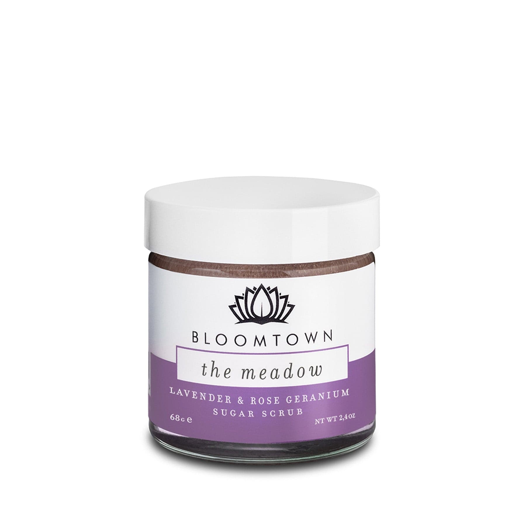 Bloomtown The Meadow Lavender and Rose Geranium Sugar Scrub in white container with purple label, natural skincare exfoliating product.
