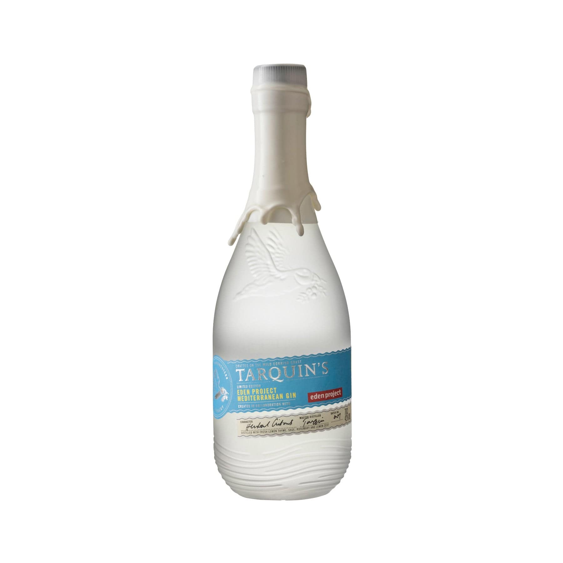 Alt text: Tarquin's Cornish Gin bottle, Mediterranean edition by the Eden Project, isolated on white background with embossed seahorse design and blue label.