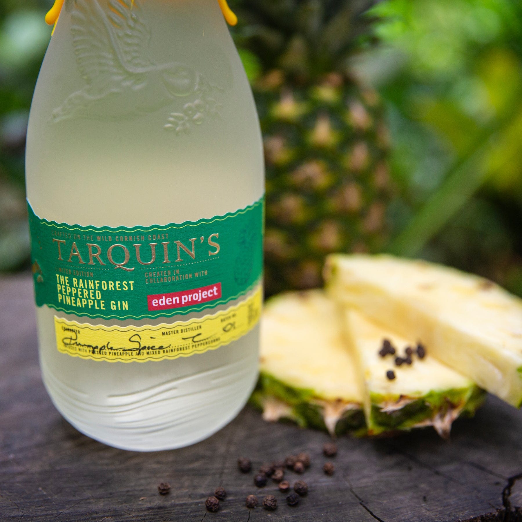 Tarquin's Rainforest Peppercorn Pineapple Gin bottle on wooden surface with sliced pineapple and peppercorns, Eden Project collaboration, botanical spirits, lush green background.