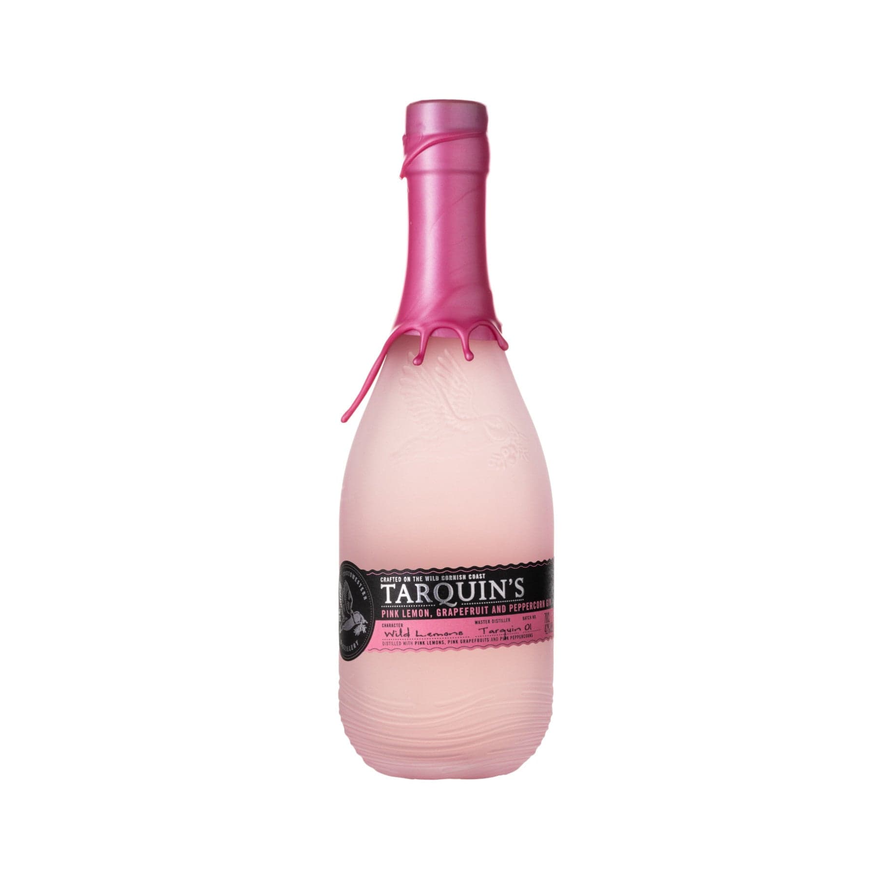 Pink Tarquin's gin bottle with wax seal, botanical design, labeled Pink Lemon, Grapefruit and Peppermint.