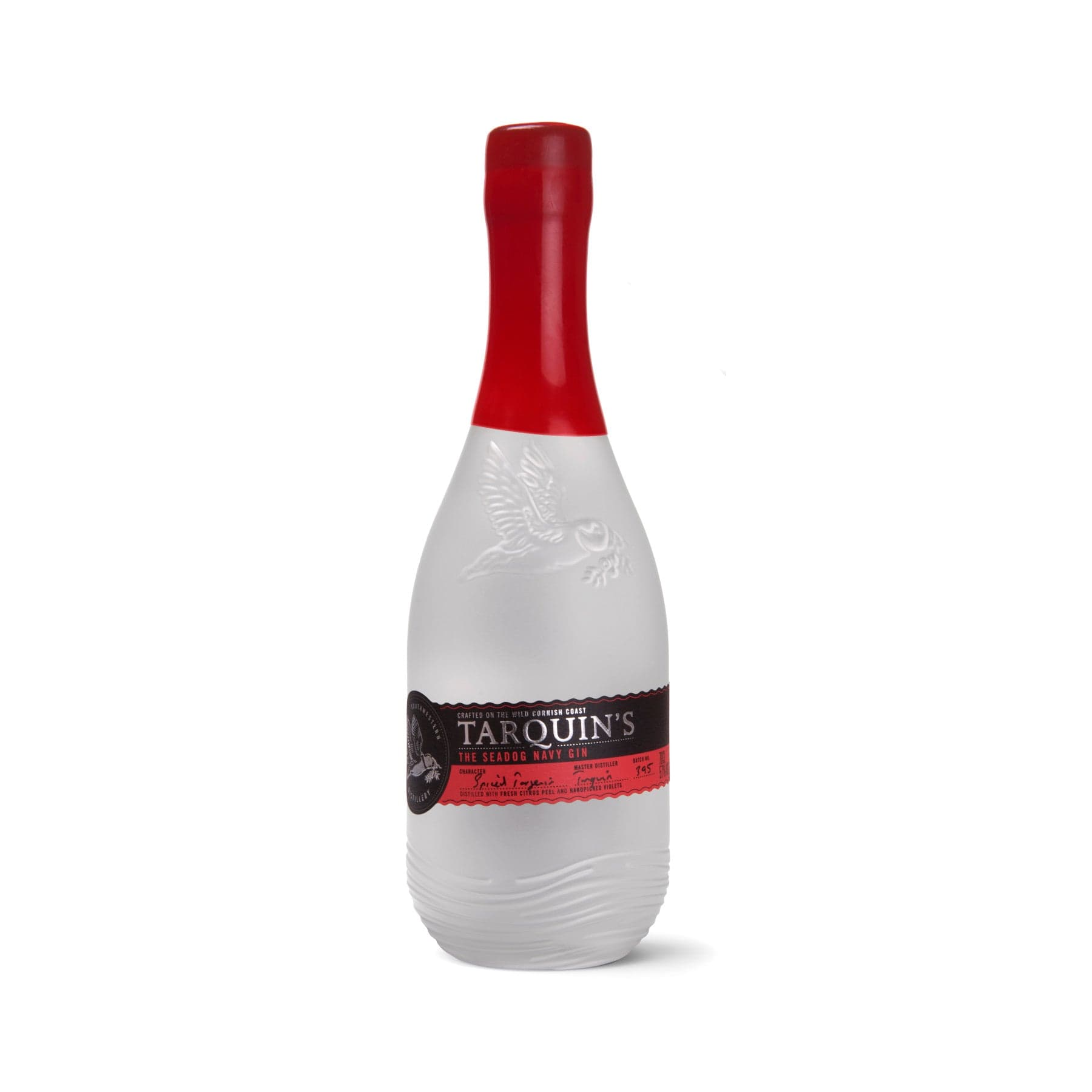 Frosted glass gin bottle with red wax seal, Tarquin's Cornish gin, white background