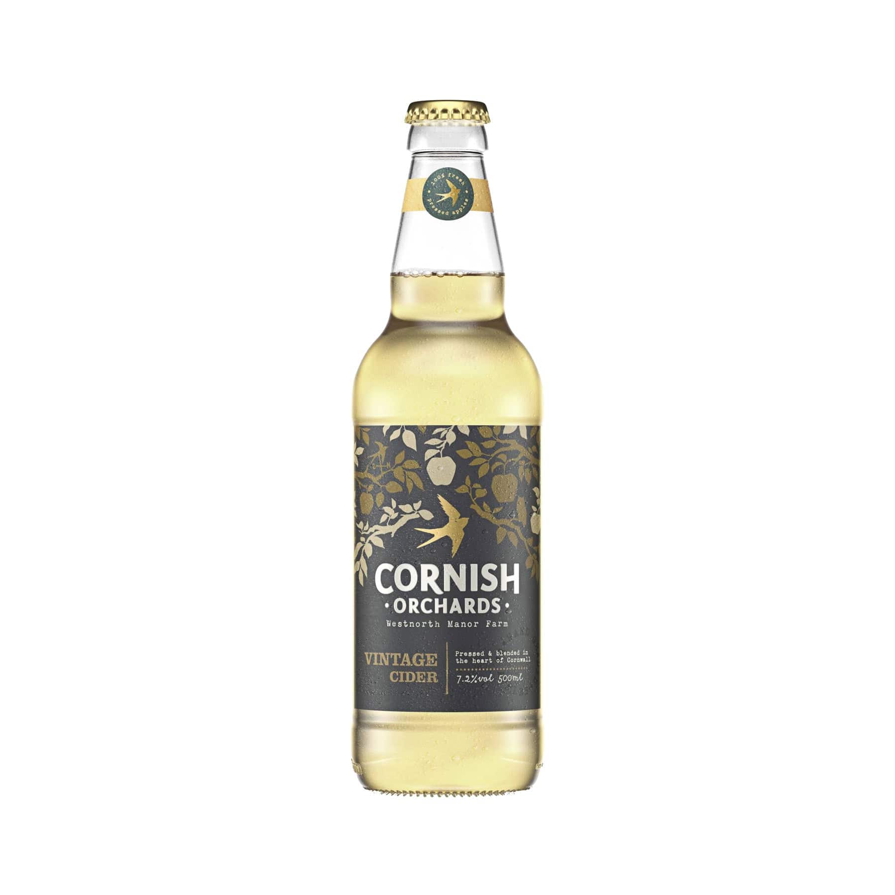Cornish Orchards Vintage Cider bottle on white background, golden label design with apple illustrations, Westnorth Manor Farm, premium crafted drink, 7.2% alcohol by volume, 500ml.