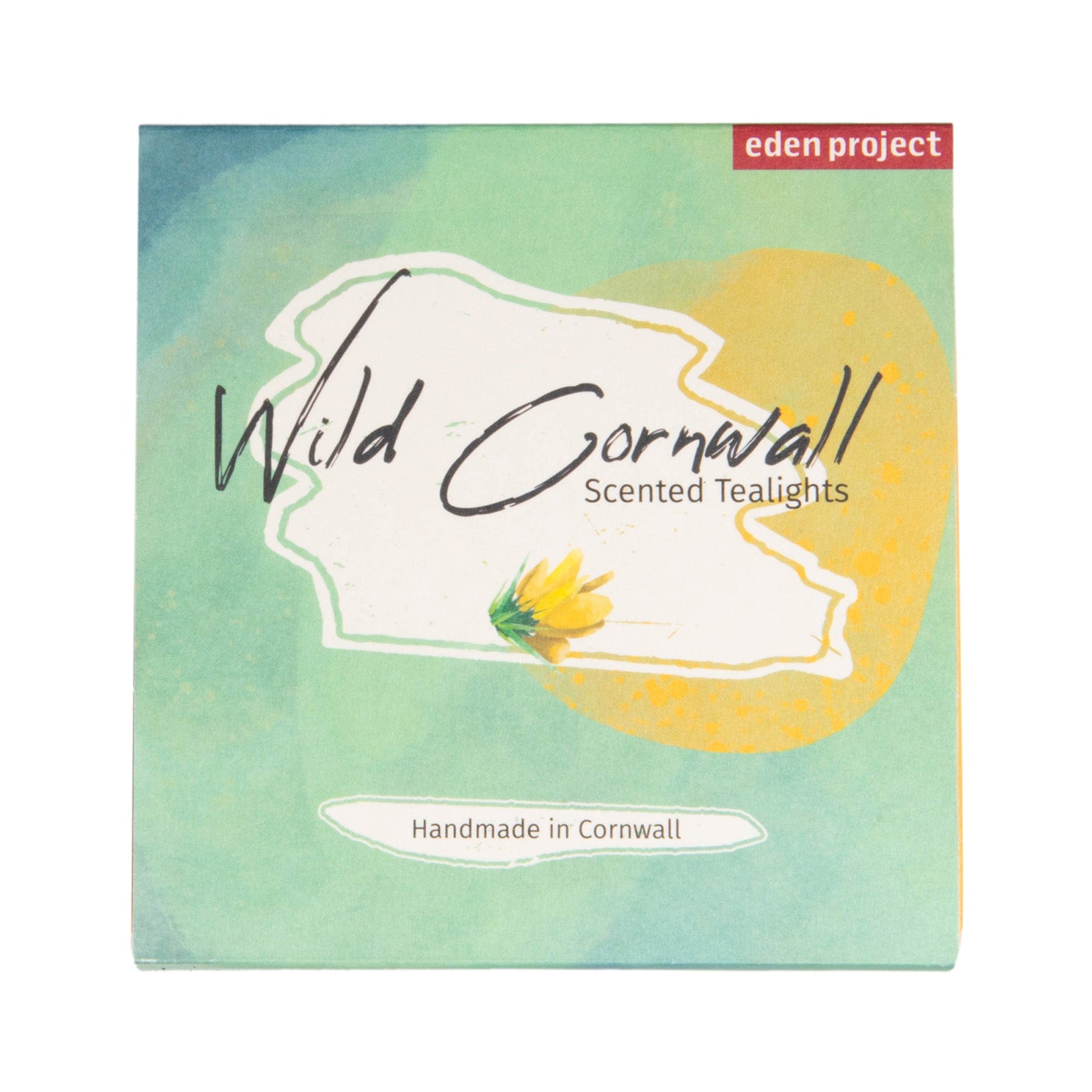 Eden Project Wild Cornwall Scented Tealights packaging, handmade in Cornwall, with floral design and green-yellow color palette.