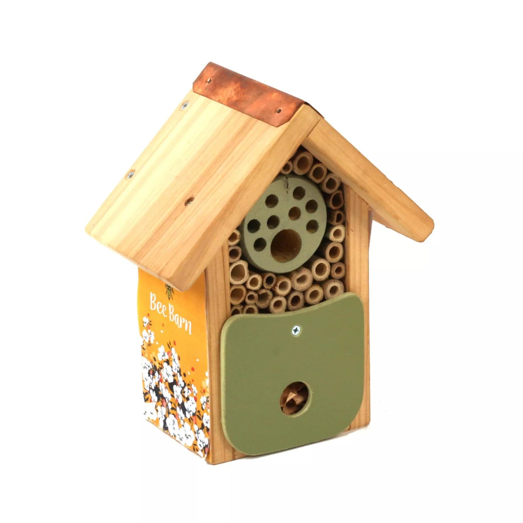 Bee house with natural wood, copper roof, green entrance, and bamboo tubes on white background