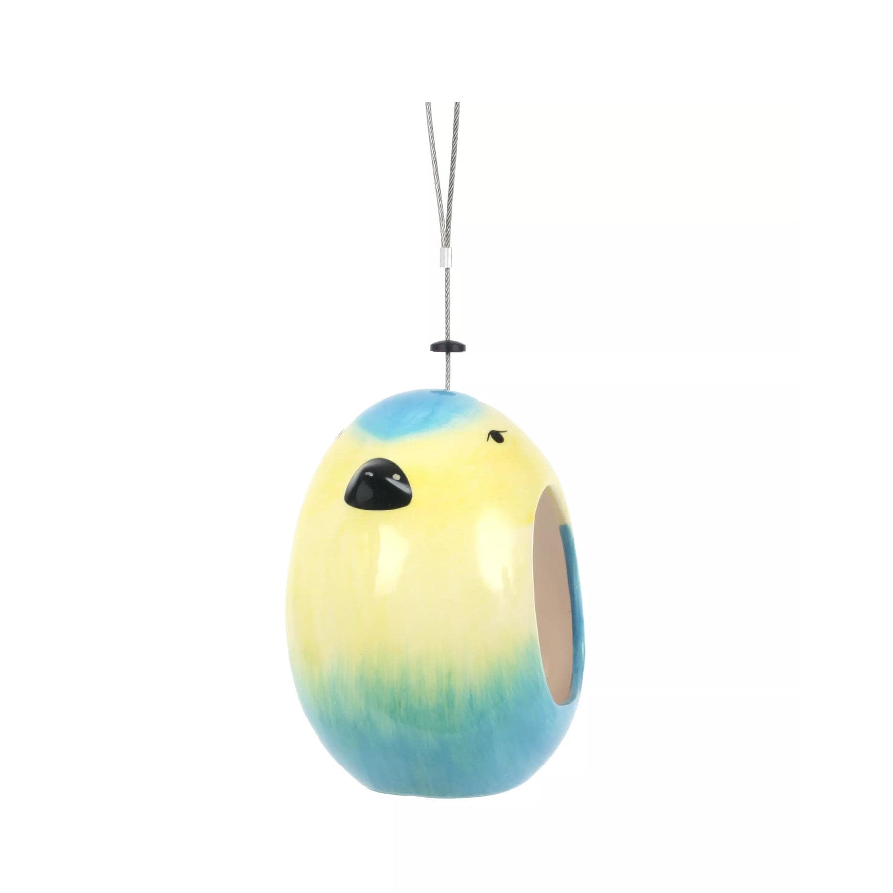 Colorful birdhouse pendant lamp in blue and yellow with hanging cable on white background