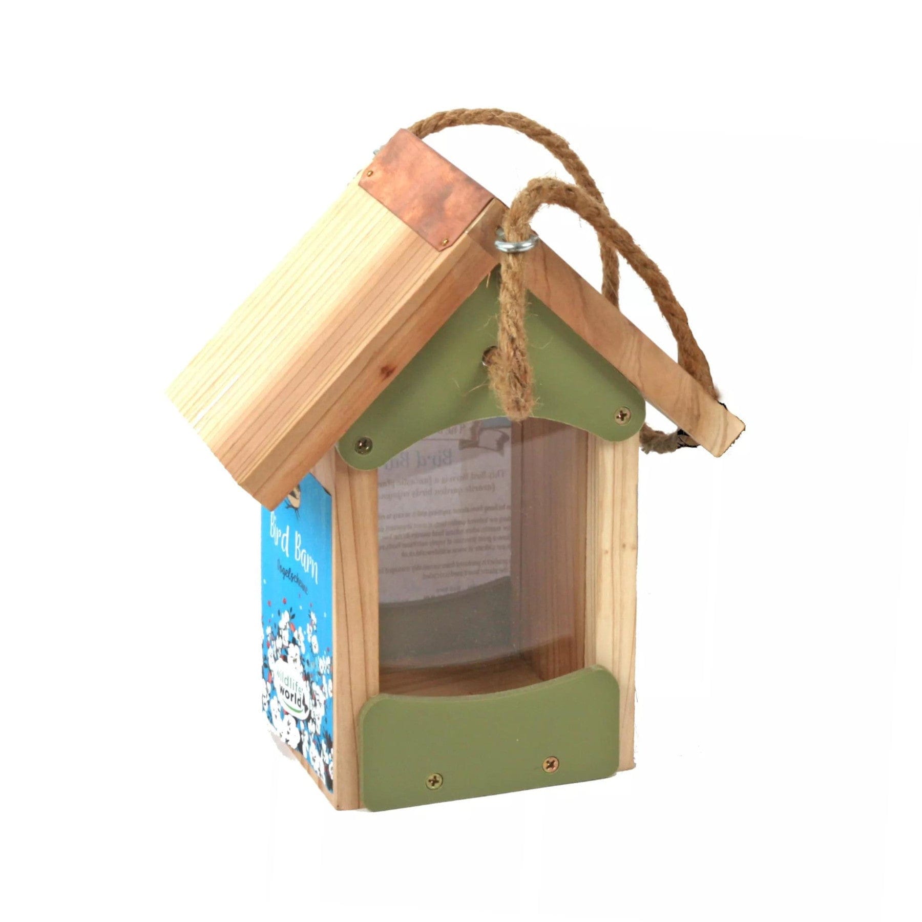 Wooden birdhouse feeder with clear perspex sides, a green roof, and a natural jute hanging rope against a white background.