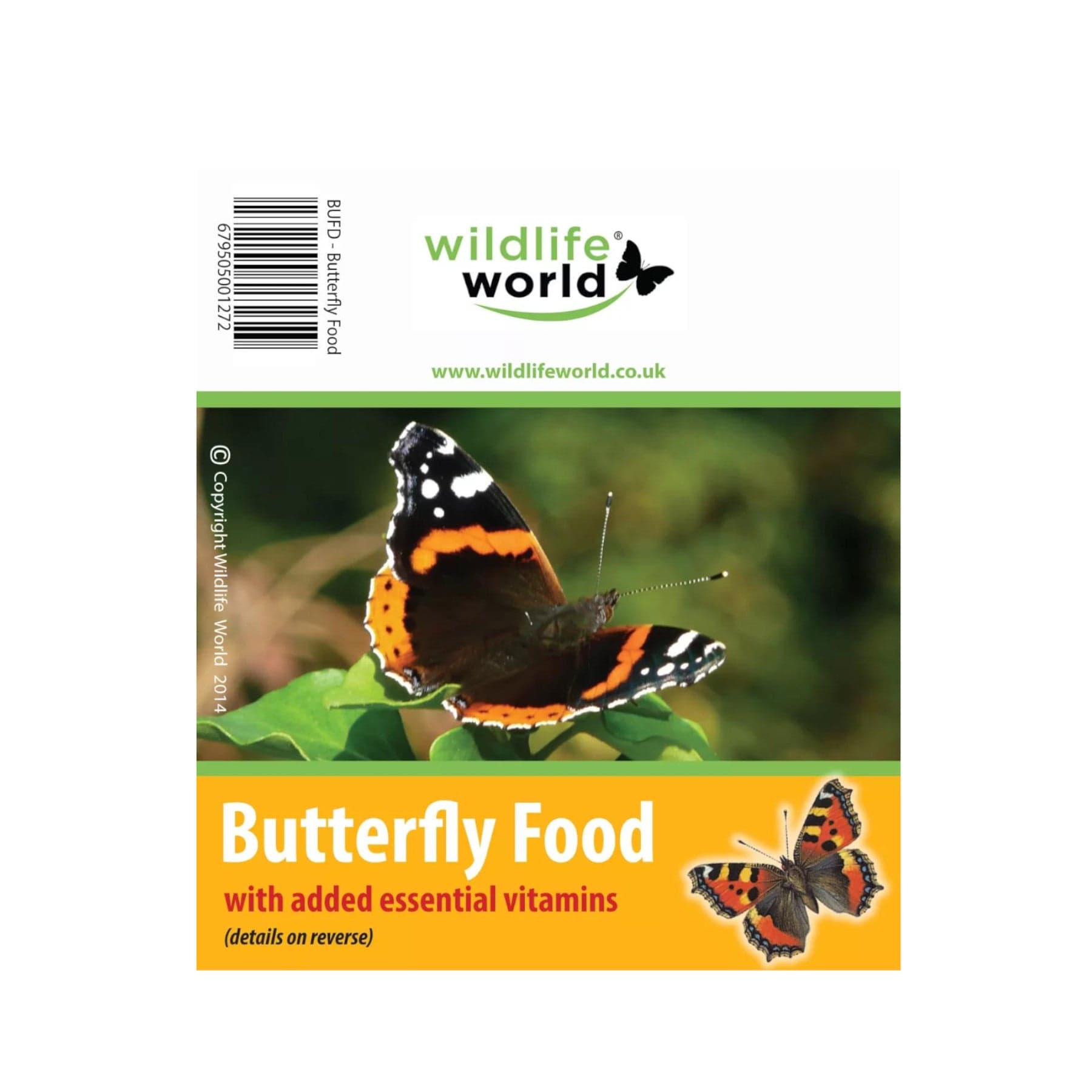 Wildlife World butterfly food packaging with a vivid image of a red admiral butterfly perched on green foliage, essential vitamins advertisement and a barcode displayed on a yellow background.