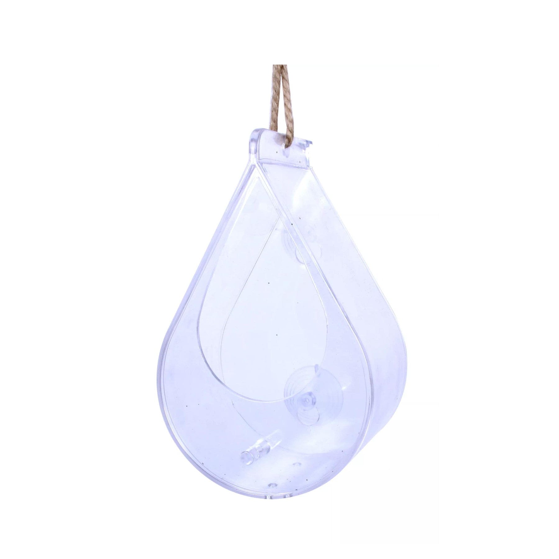 Clear glass teardrop-shaped terrarium with rope isolated on white background.