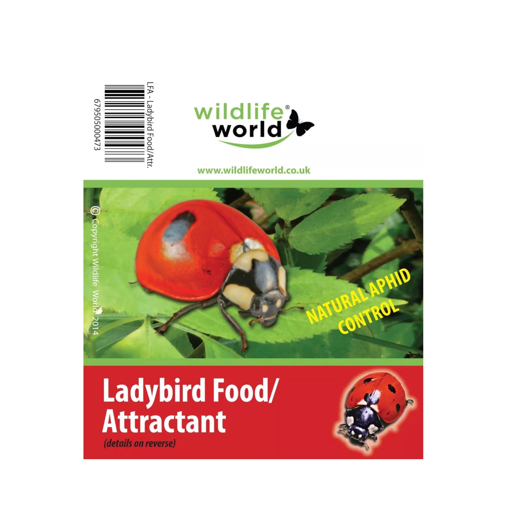 Ladybird on green leaf with Wildlife World logo, promoting natural aphid control, ladybird food and attractant with website address and barcode visible.