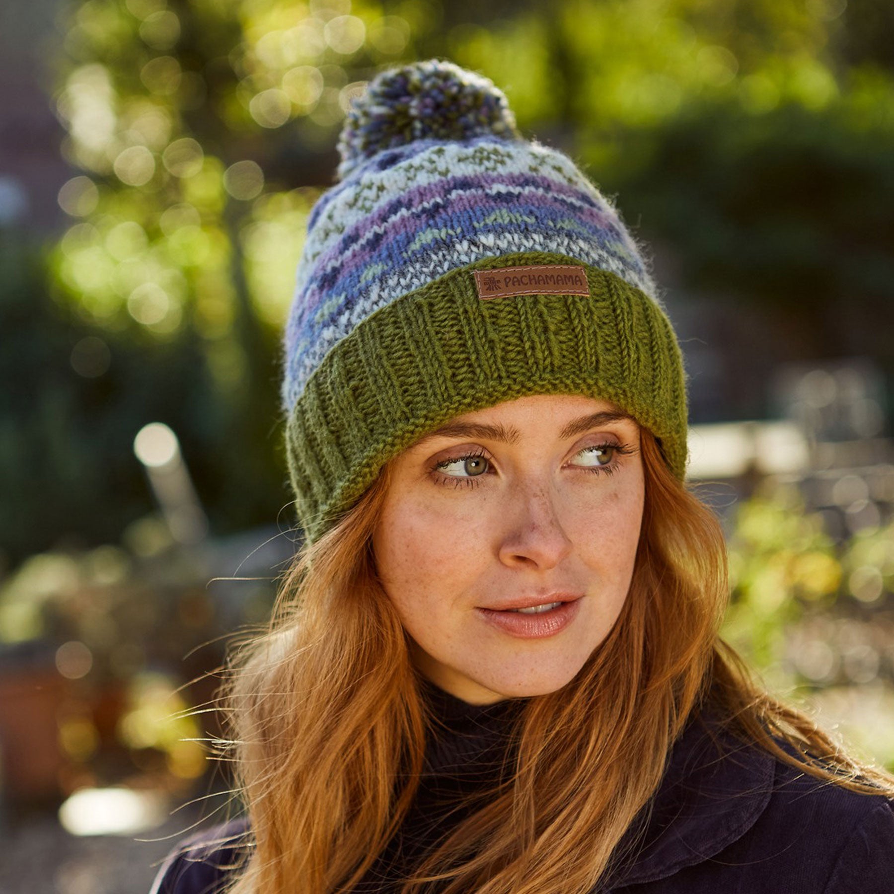 Womens classic fairisle olive roll back bobble beanie