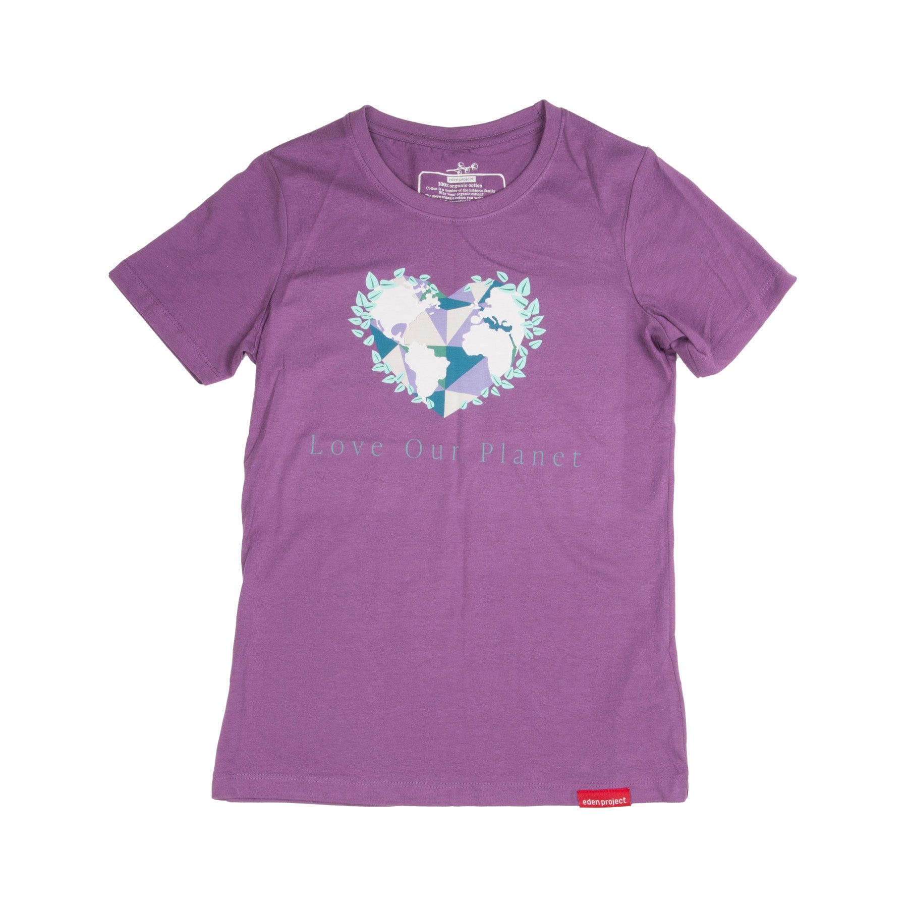 Purple t-shirt with eco-friendly design featuring a heart-shaped Earth surrounded by leaves and the phrase 'Love Our Planet' displayed on a white background.