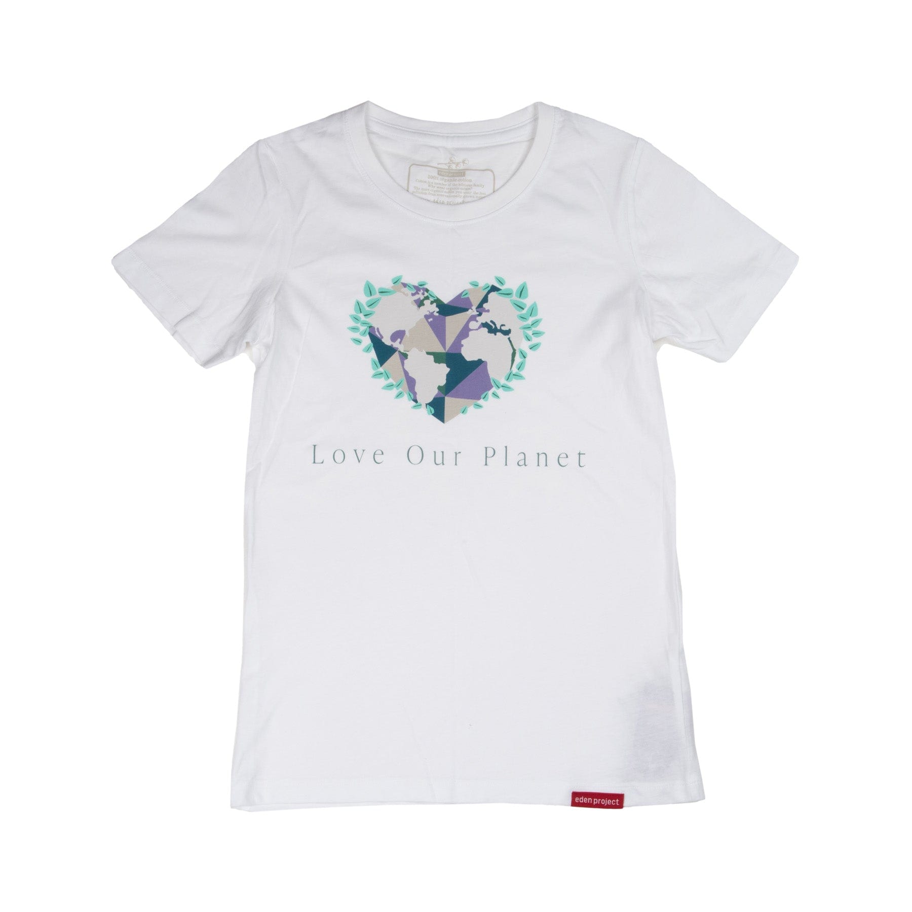 White eco-friendly t-shirt with heart-shaped earth design and "Love Our Planet" text, sustainable fashion, isolated on white background.