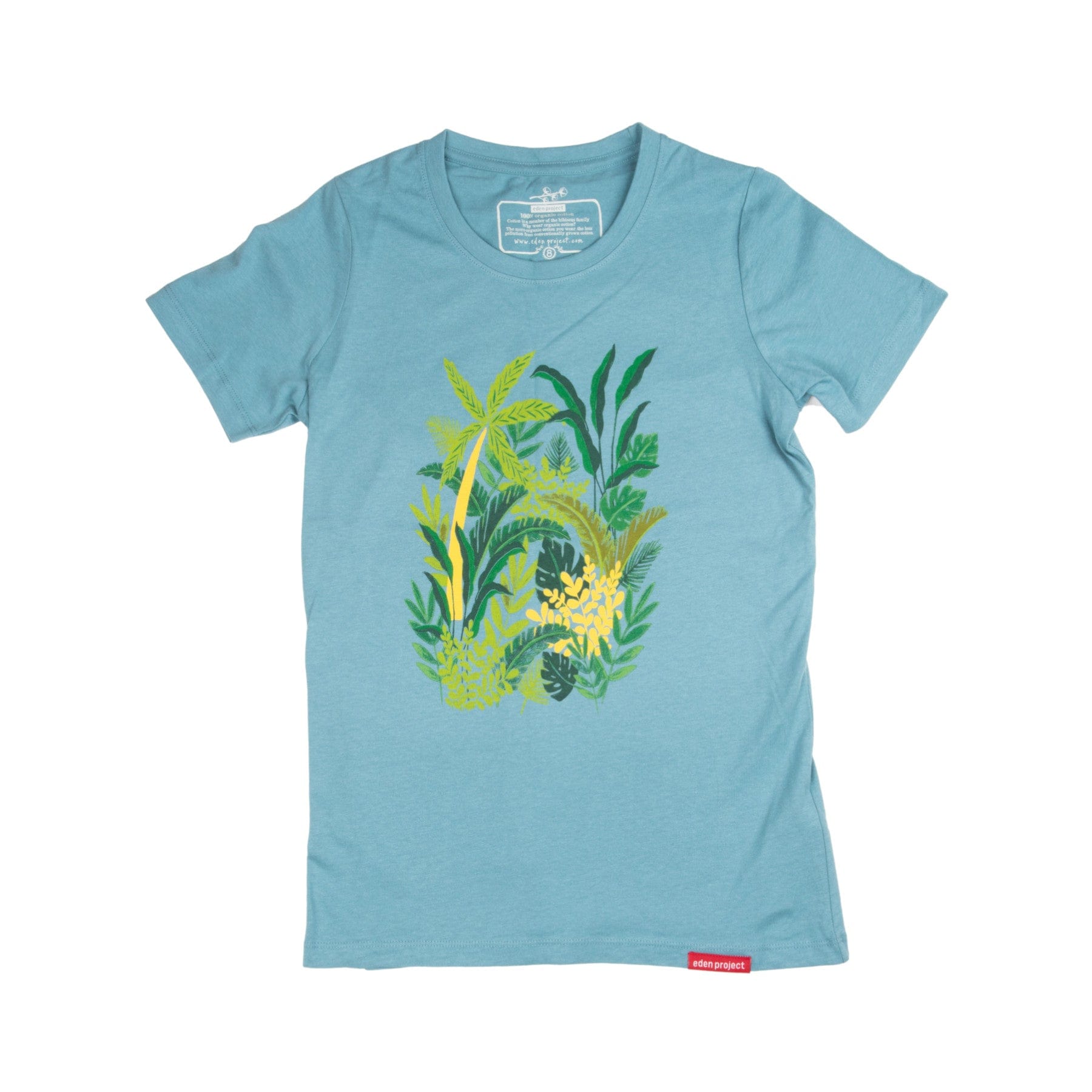 Women's blue t-shirt with tropical plant print design isolated on white background