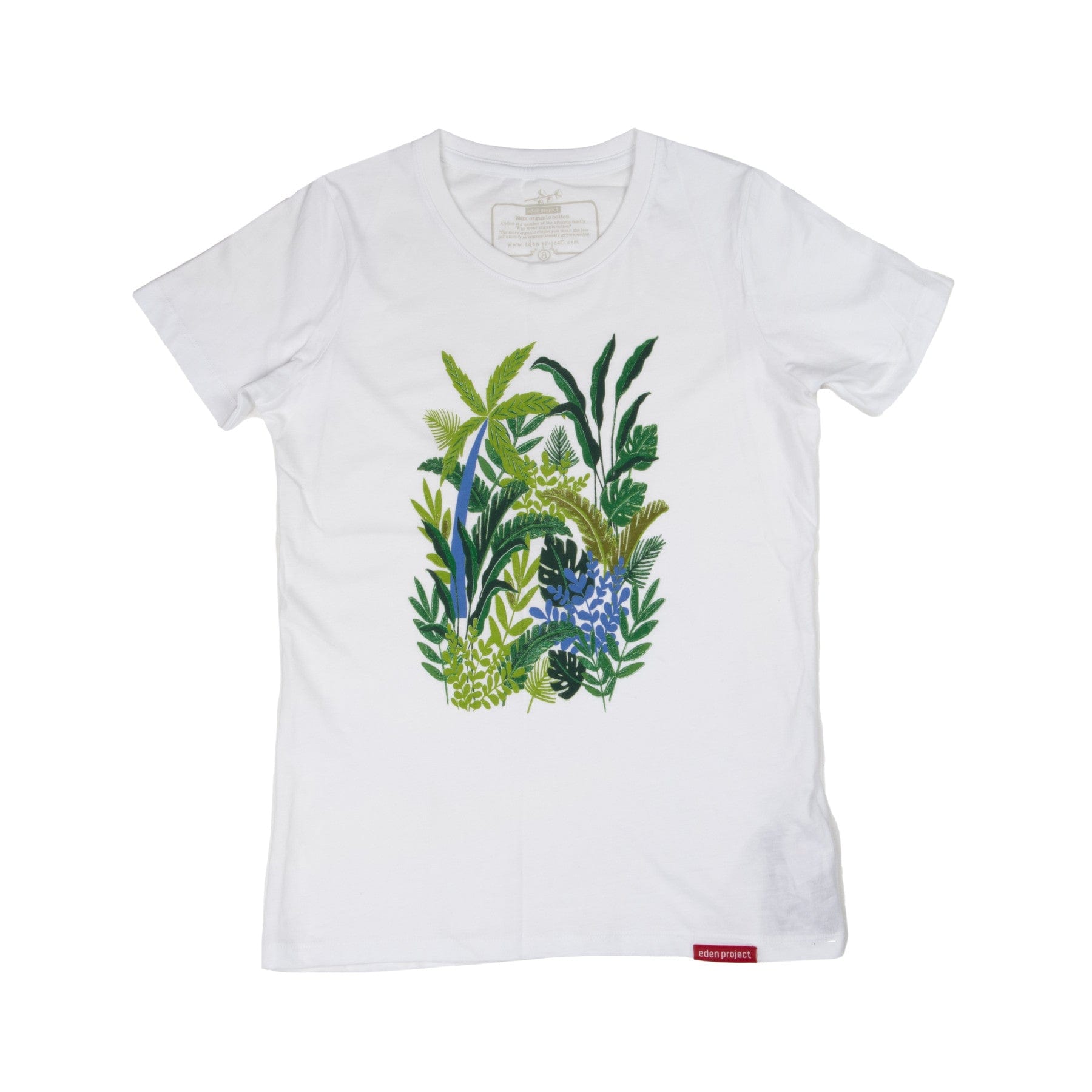 White t-shirt with botanical print, floral graphic tee, short-sleeved cotton shirt with green and blue plant design, casual summer top with foliage illustration, clothing product shot on white background