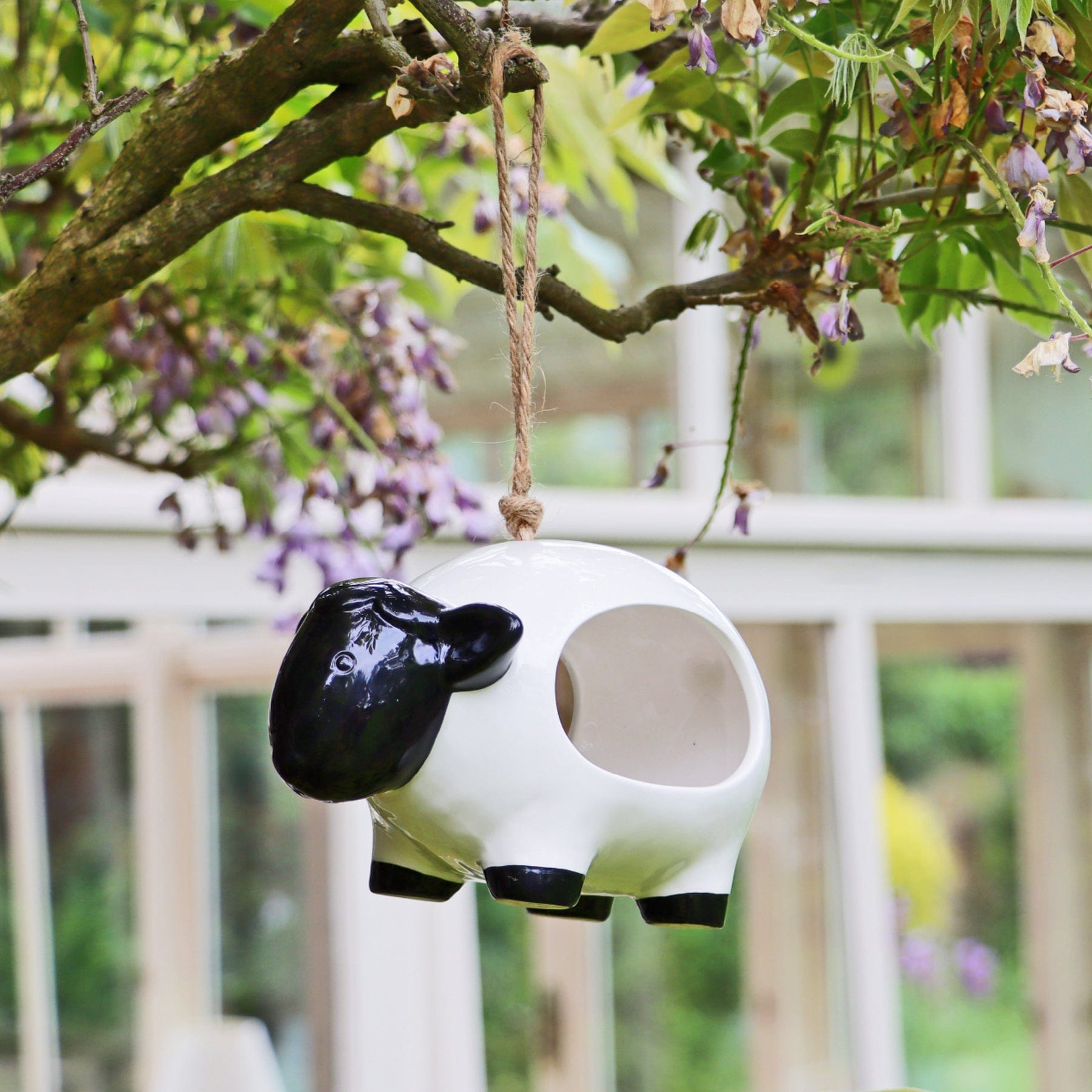 'Woolie' hanging ceramic sheep bird feeder