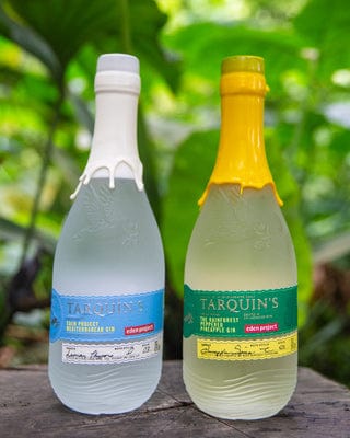 Two bottles of Tarquin's handcrafted Cornish gin with botanical labels, one with a white top and the other with a yellow top, standing on a wooden surface against a lush green foliage background.