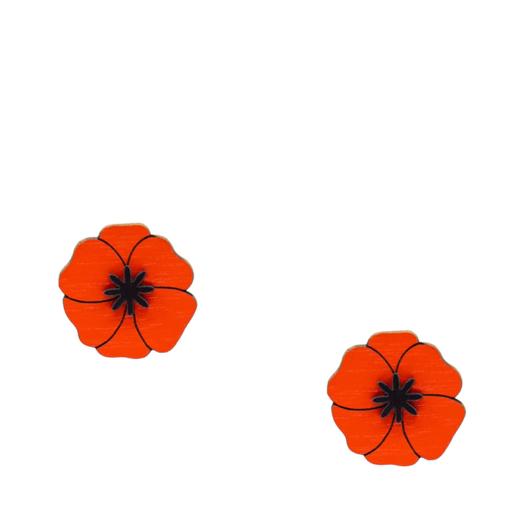Two red poppy flowers with black centers on a white background, floral design, remembrance symbol, isolated poppies.