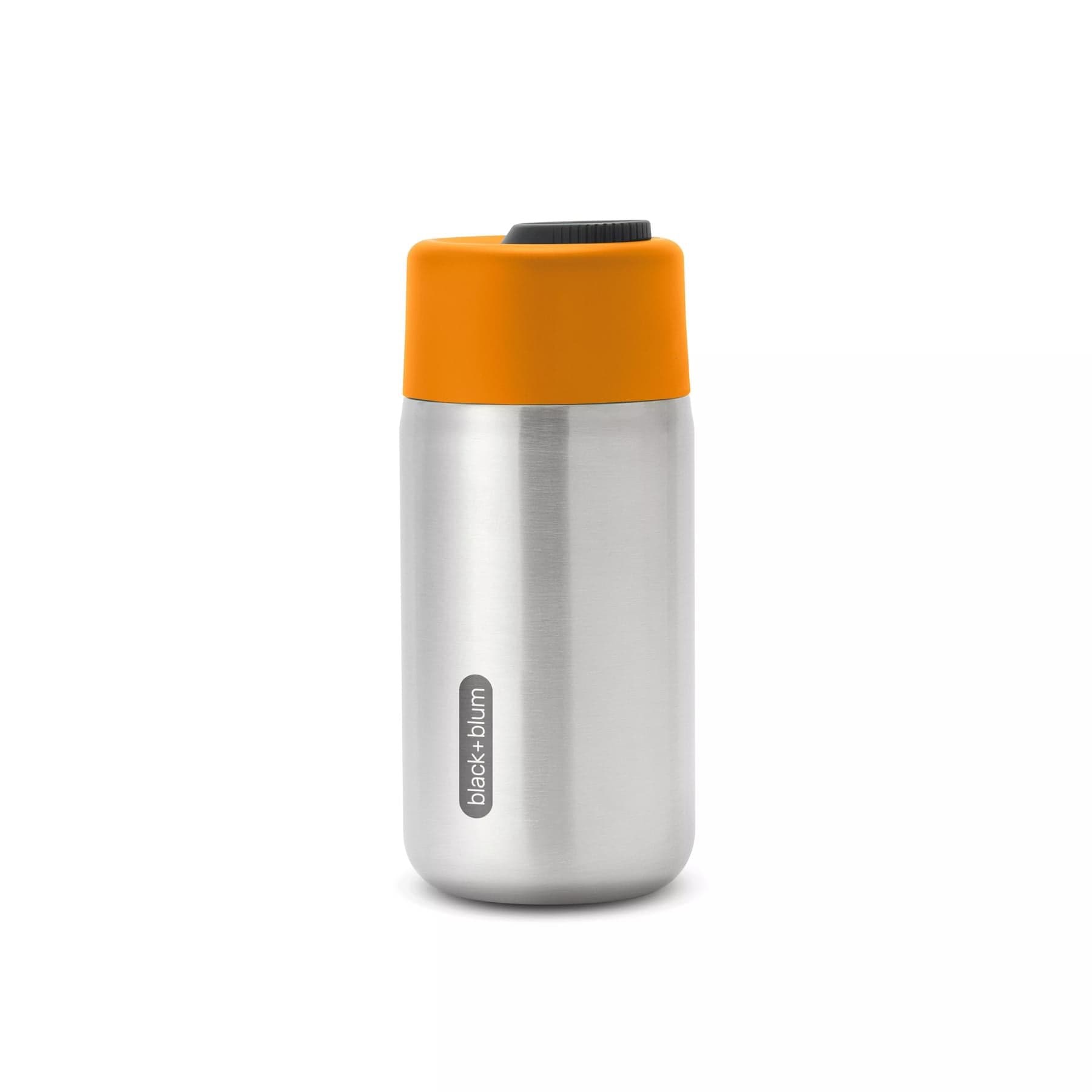Stainless steel insulated water bottle with orange lid, Black+Blum brand, isolated on white background.