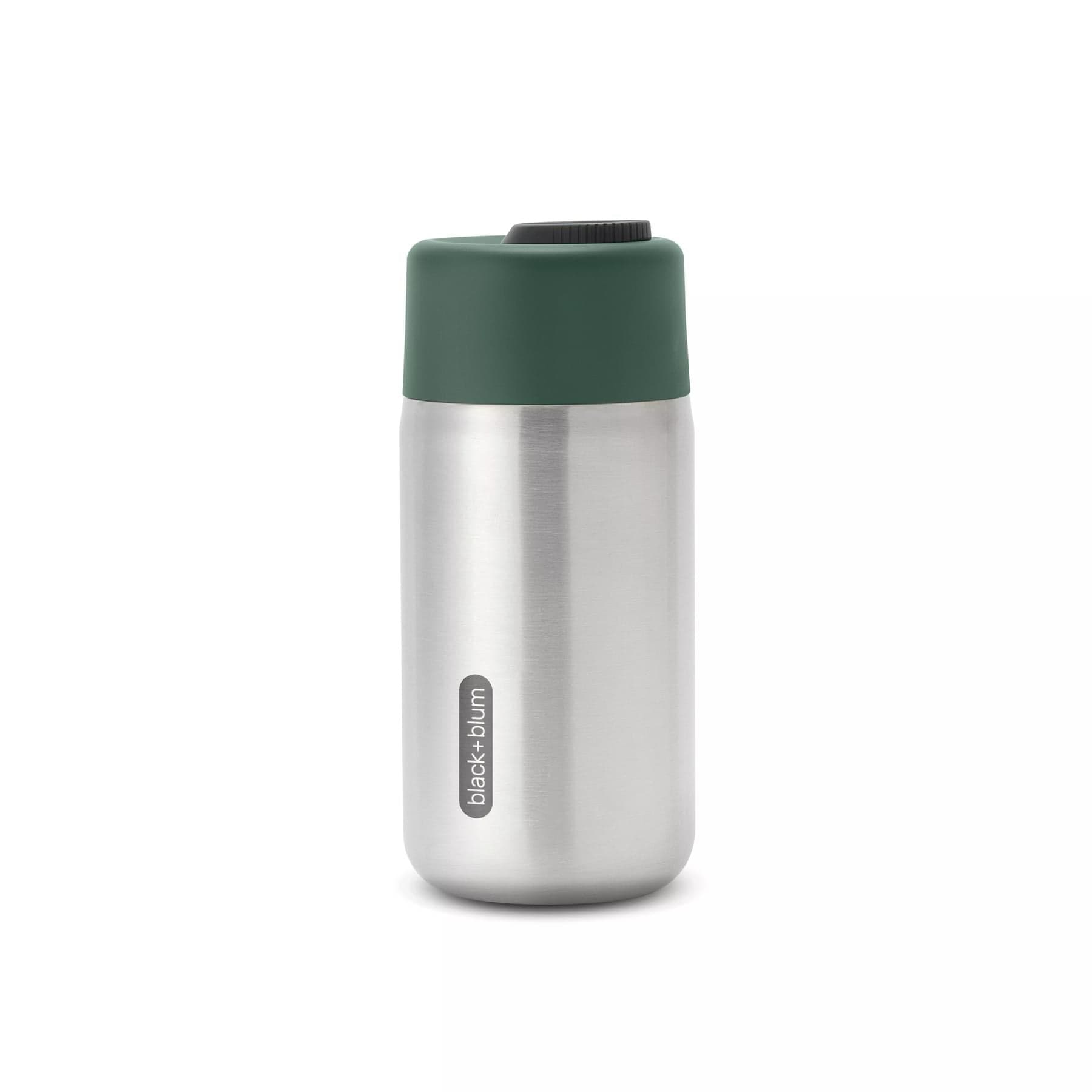 Stainless steel insulated water bottle with green lid on white background