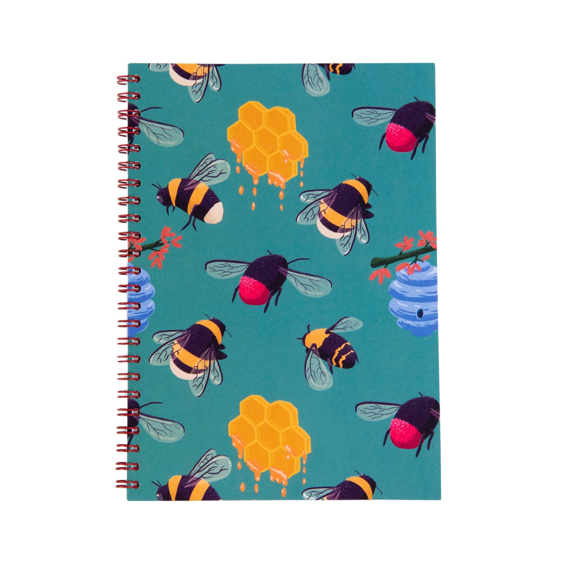 Spiral notebook with bee and honeycomb pattern on teal background, stationery, bumblebees, flowers, nature-themed design