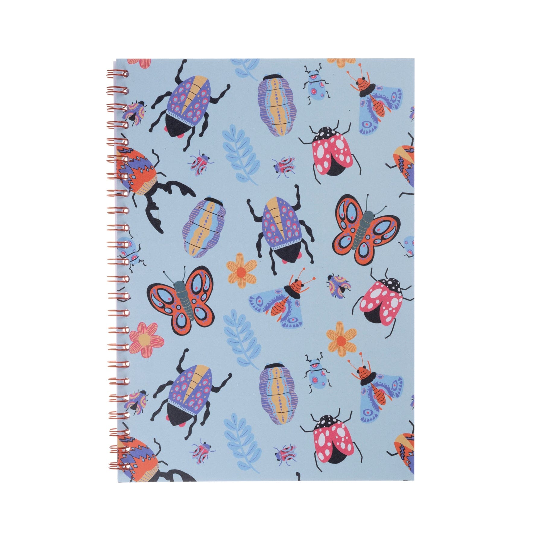 Spiral-bound notebook with colorful insect pattern design including beetles and butterflies on a blue background