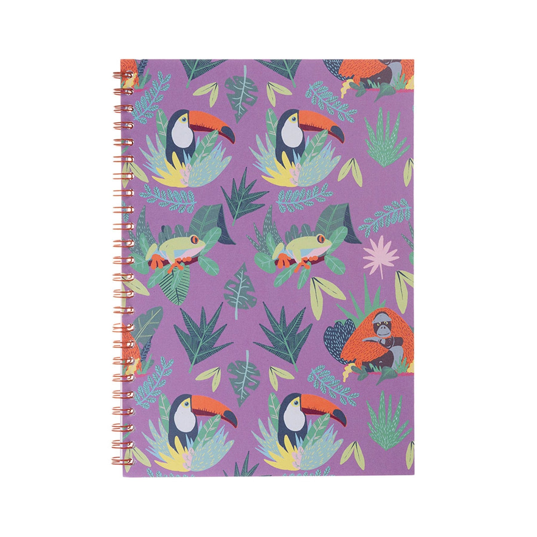 Spiral-bound notebook with tropical toucan and frog pattern on a purple background, featuring green foliage and exotic flowers design, office supplies, stationery.