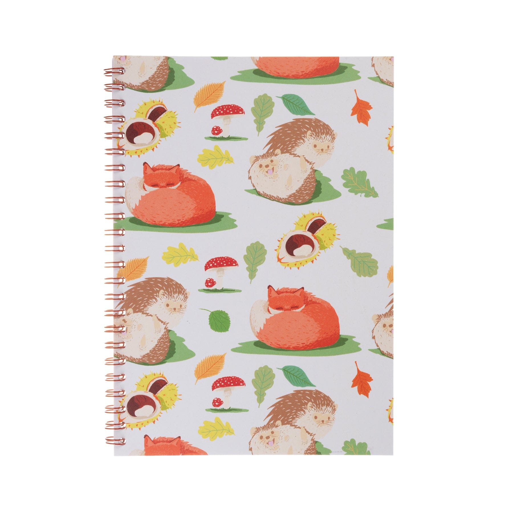 Spiral-bound notebook with a patterned cover featuring illustrations of hedgehogs, autumn leaves, mushrooms, and acorns.
