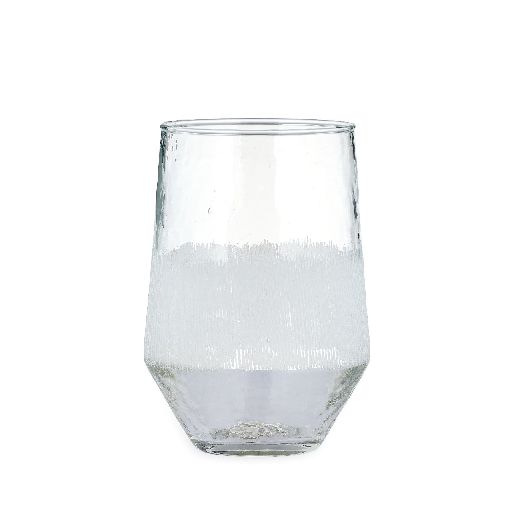 Clear glass half-filled with water on a white background