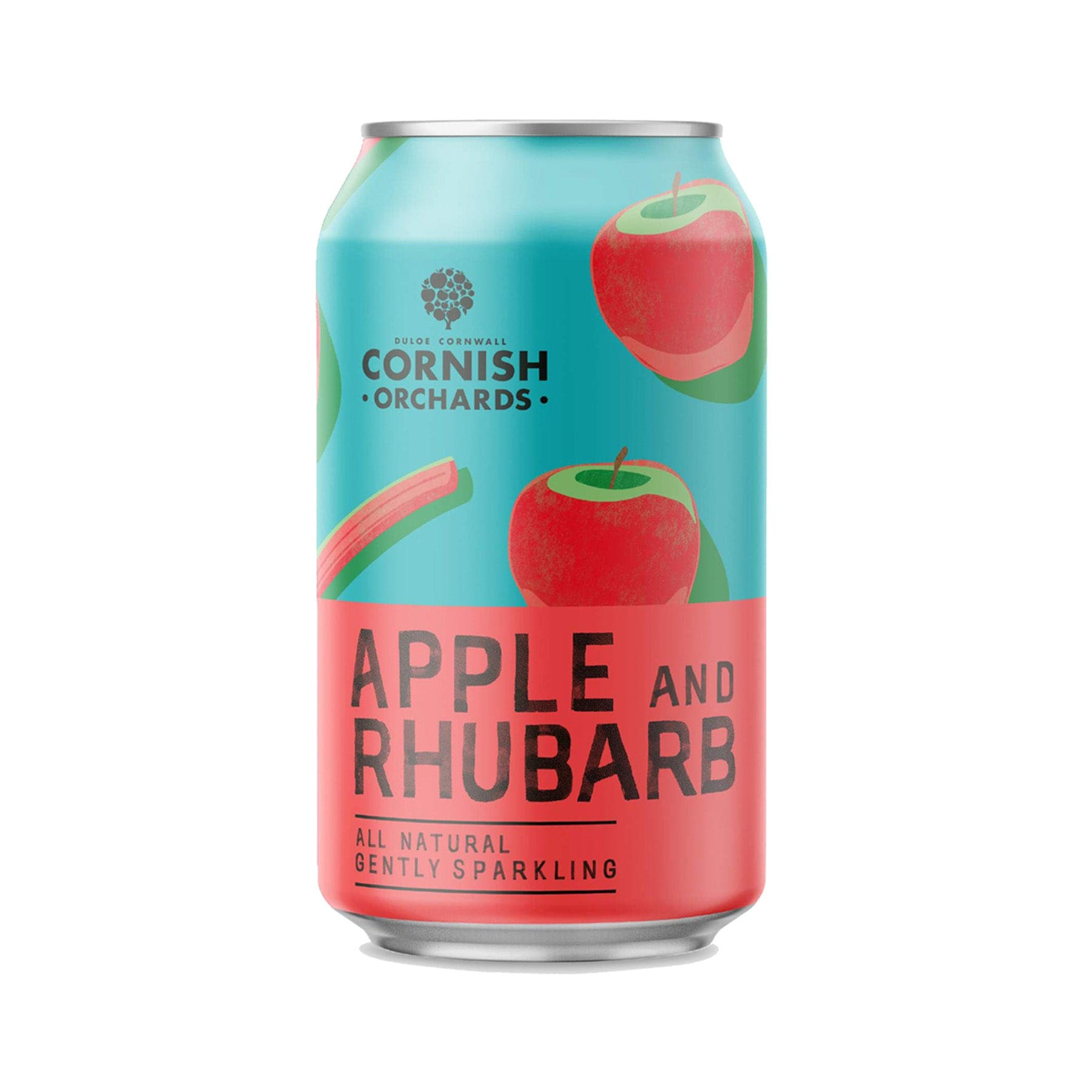 Cornish Orchards apple and rhubarb flavored drink can with illustration of red apples, all natural gently sparkling beverage, Duloe Cornwall branding on aqua and coral background.