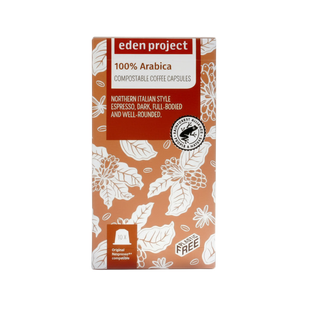 Eden Project 100% Arabica compostable coffee capsules packaging, Northern Italian style espresso, dark, full-bodied and well-rounded, Rainforest Alliance certified, Nespresso compatible.