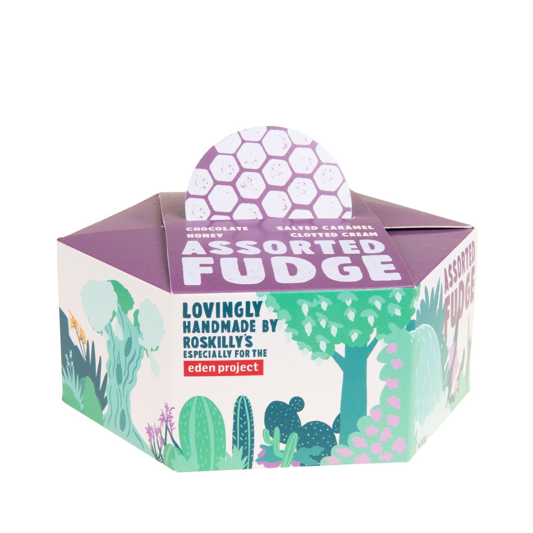 Assorted fudge packaging with honey, chocolate, clotted cream, and salted caramel flavors by Roskilly's for the Eden Project, displaying a cactus garden design
