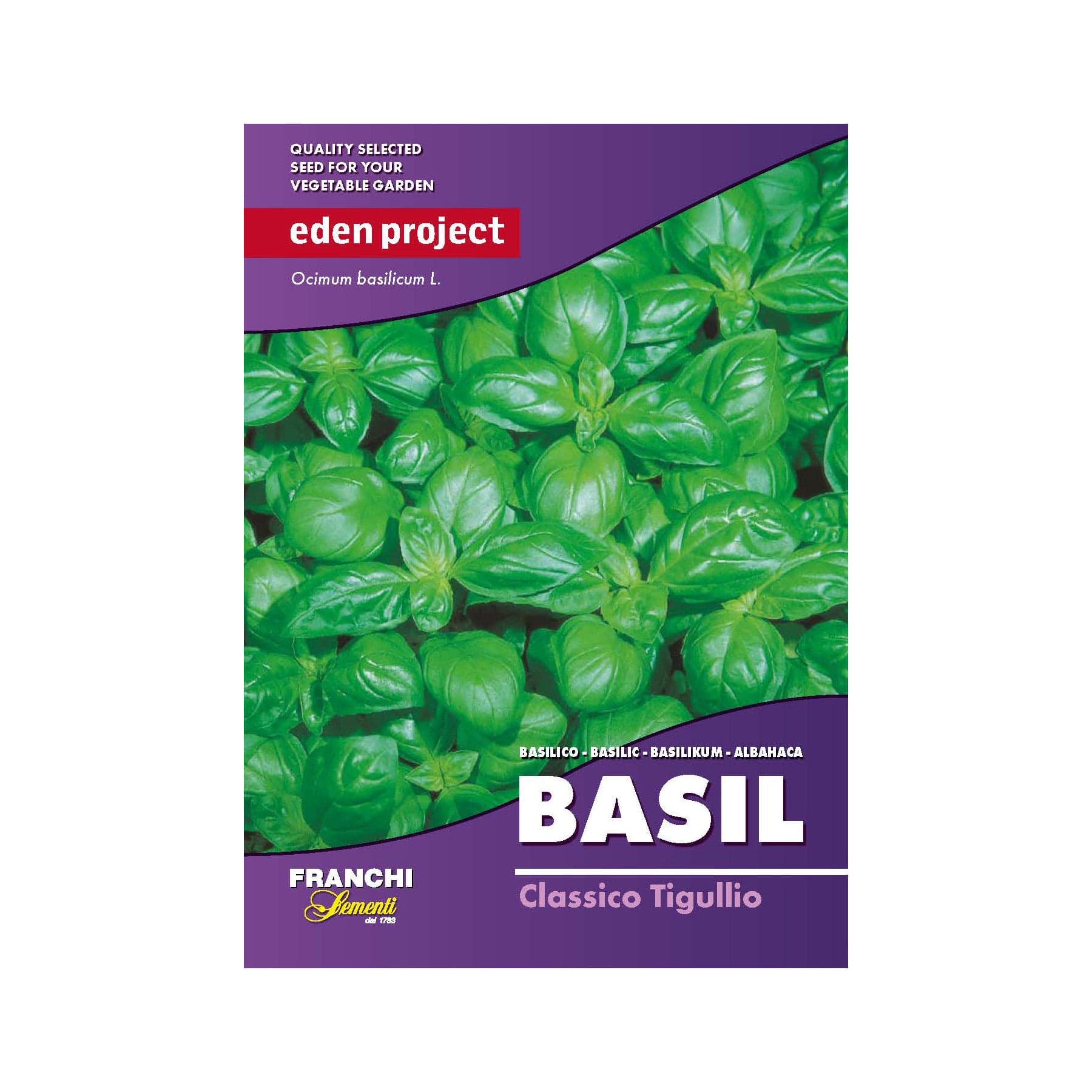 Eden Project Ocimum basilicum L. basil seed packet by Franchi Sementi, Classico Tigullio variety, with vibrant green basil leaves background.