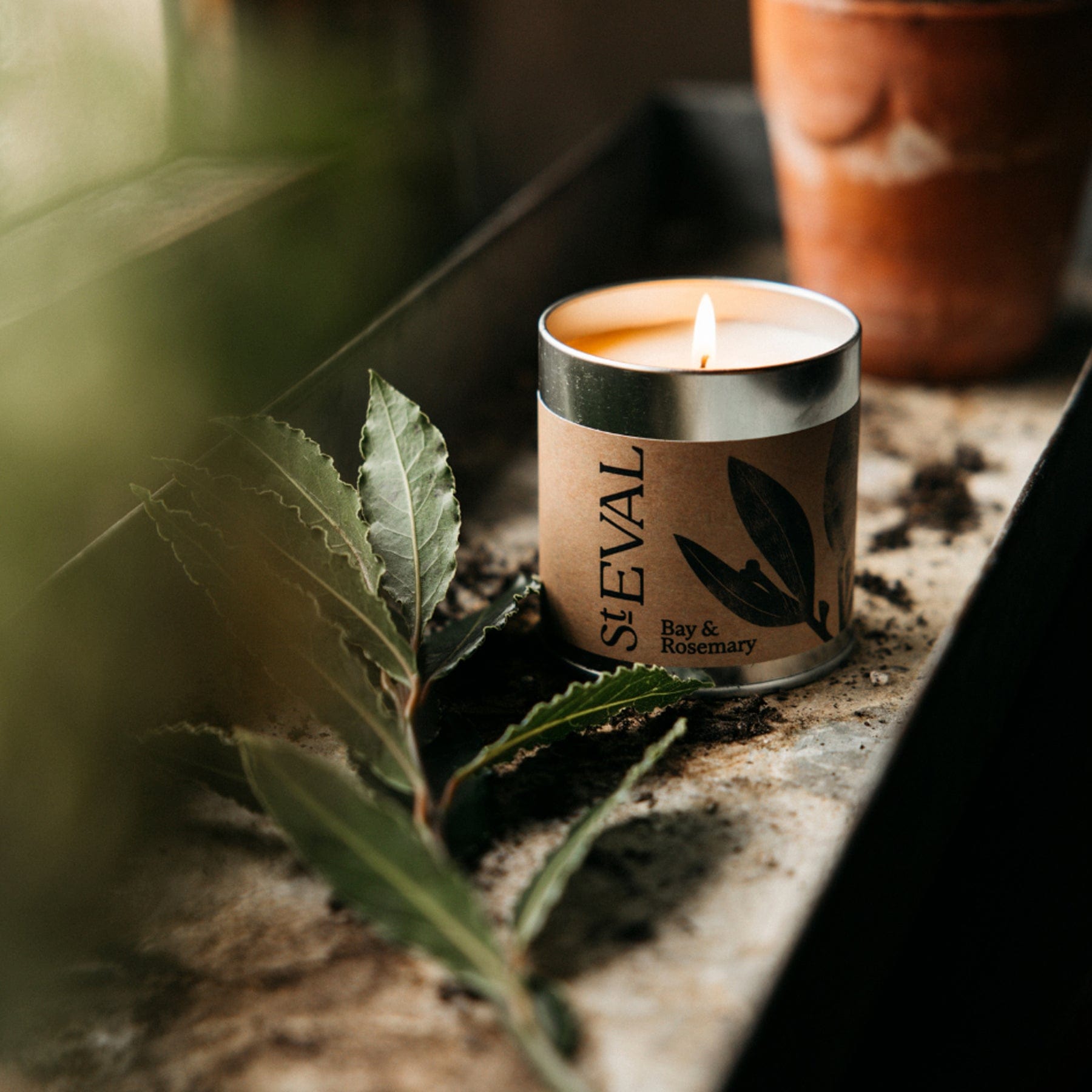 Bay & rosemary scented tin candle