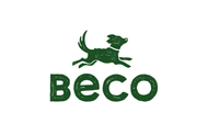 Green eco-friendly brand logo with leaping dog silhouette above the word 'Beco' in bold, environmentally conscious graphic design.