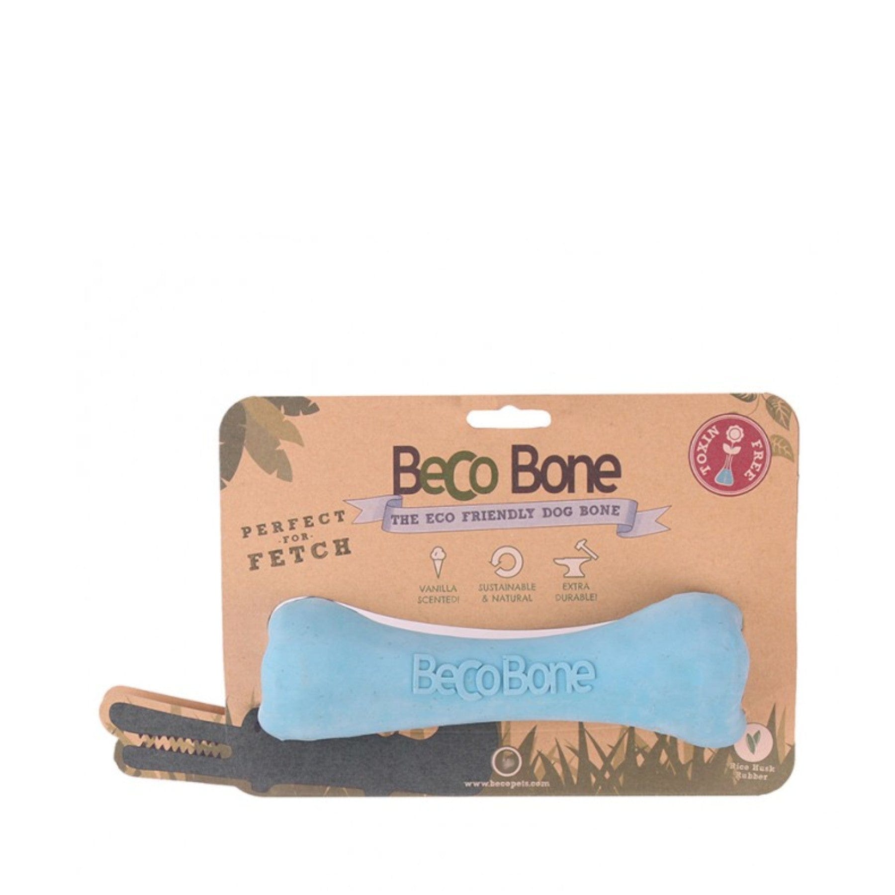 Eco-friendly Beco Bone dog toy packaging with vanilla scented sustainable and extra durable features