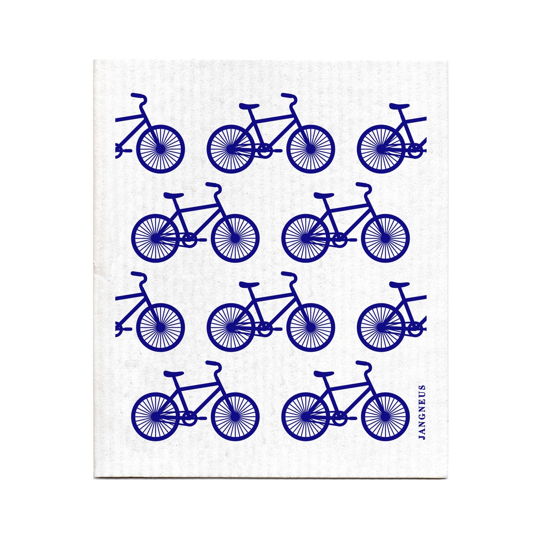 Alt text: Patterned fabric featuring blue bicycle print designs arranged in rows on a white background with visible linen texture, labeled 'Jancycles' at the bottom right corner.