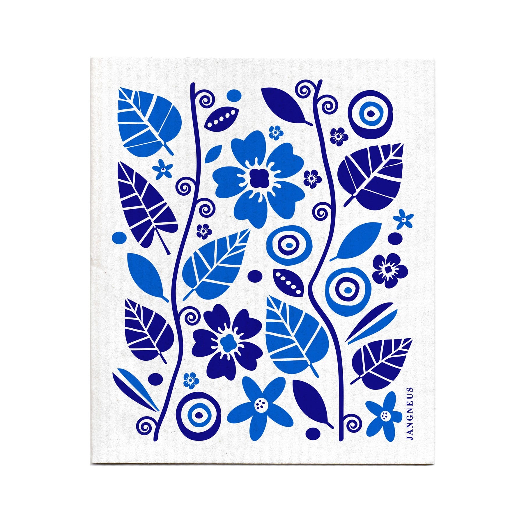 Blue and white floral pattern on fabric, decorative botanical illustration, nature-inspired textile design, artistic foliage and flowers print, vibrant blue leaves and blossoms on white background.