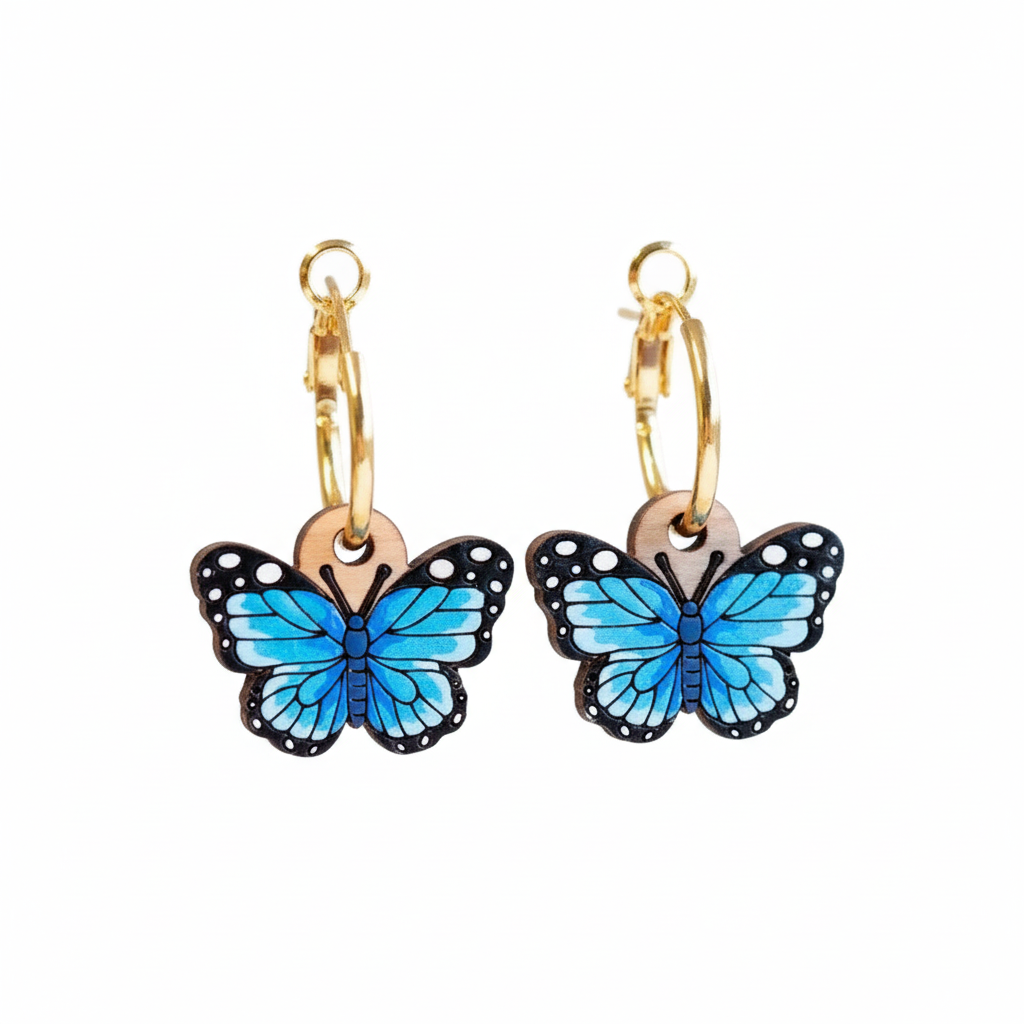 Blue butterfly hoop earrings
