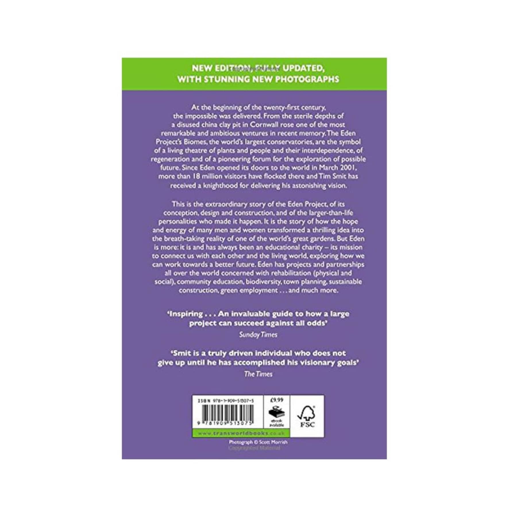 Back cover of a book detailing the Eden Project with reviews, barcode, price tag, and web address