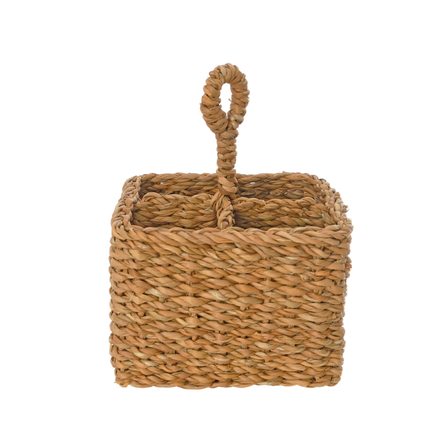 Woven basket with a handle on a white background