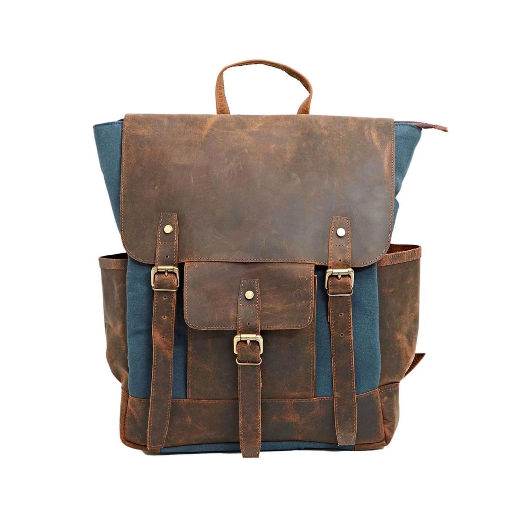 Buffalo Leather and Blue Canvas Backpack