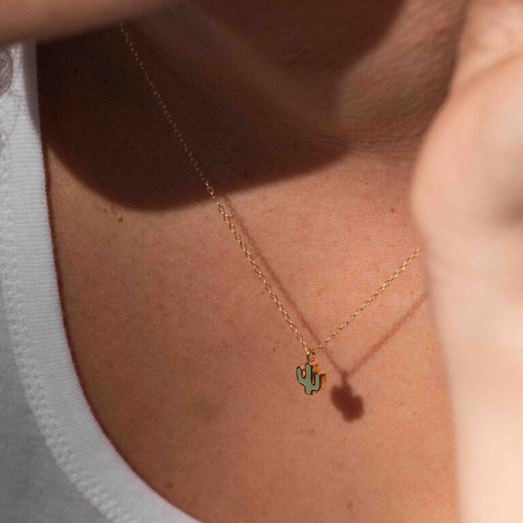 Gold cactus enamel necklace