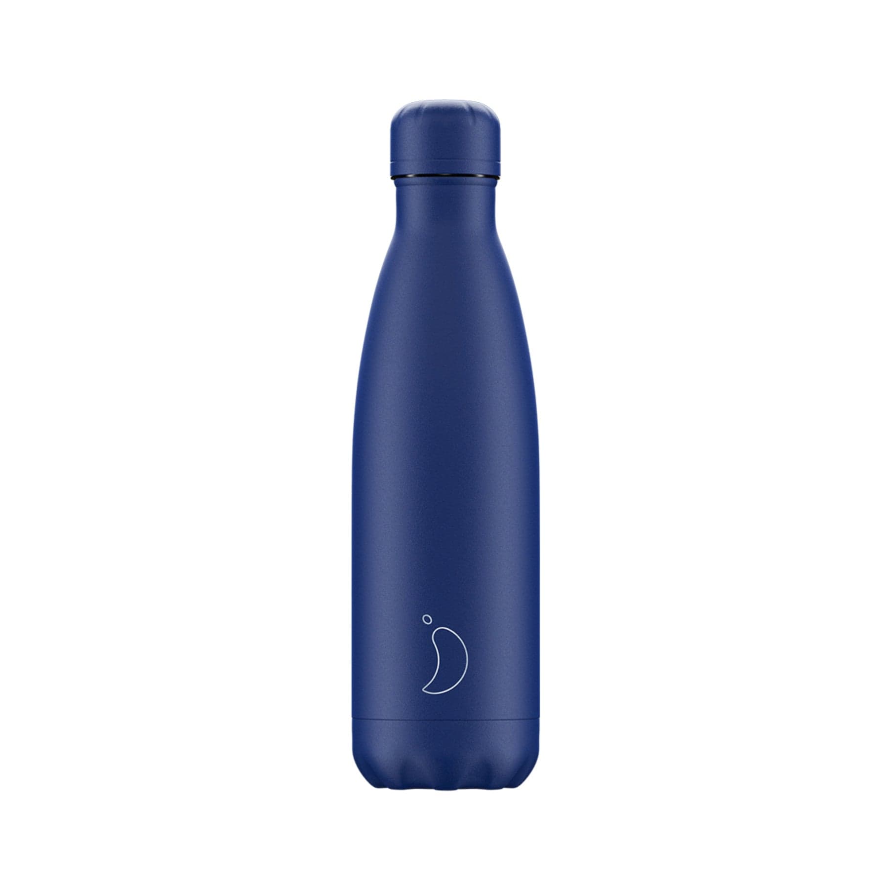 Blue insulated stainless steel water bottle on white background